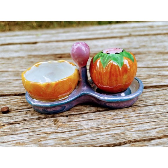 Vintage Salt Cellar  with pepper shaker Tray Pumpkin Lusterware - Picture 3 of 10